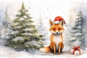 Fototapeta na wymiar cute christmas fox in winter landscape watercolor design