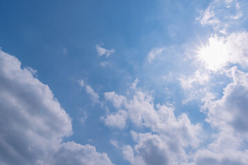 Panoramic view of clear blue sky and clouds, Blue sky background with tiny clouds. White fluffy clouds in the blue sky. Captivating stock photo featuring the mesmerizing beauty of the sky and clouds.