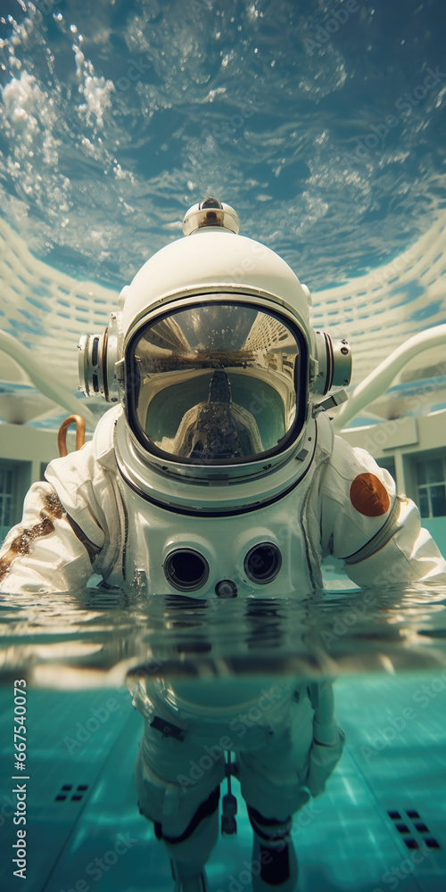 Aufkleber a picture of a man wearing a spacesuit immersed in water. this image can be used to illustrate conce