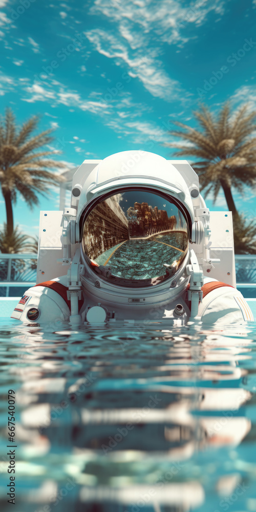 Poster An astronaut floating in a pool with palm trees in the background. This image can be used to depict relaxation or a unique vacation experience