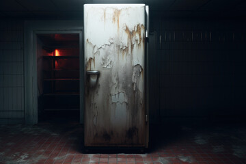 A dirty refrigerator sits in a dark room. This image can be used to depict neglect, abandoned spaces, or the need for cleaning and maintenance