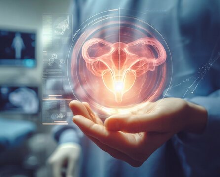 Doctor using reproductive system hologram in operating room generative ai illustration art