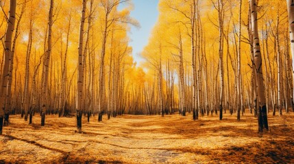 The golden hues of an aspen forest in autumn, leaves quivering in the wind.