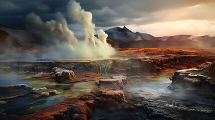 The otherworldly landscape of a geothermal area, steam rising from vents amidst colorful mineral deposits. - obrazy, fototapety, plakaty