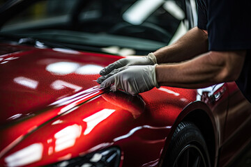 Car detailing series : Worker in protective gloves polishing a red car - obrazy, fototapety, plakaty