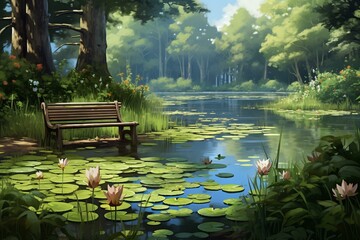 A bench by a pond surrounded by trees, flowers, and lily pads, with water lilies in the foreground. Generative AI