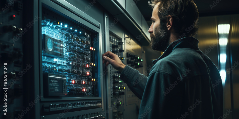 Poster A man stands in front of a control panel. This image can be used to represent technology, engineering, or operations.