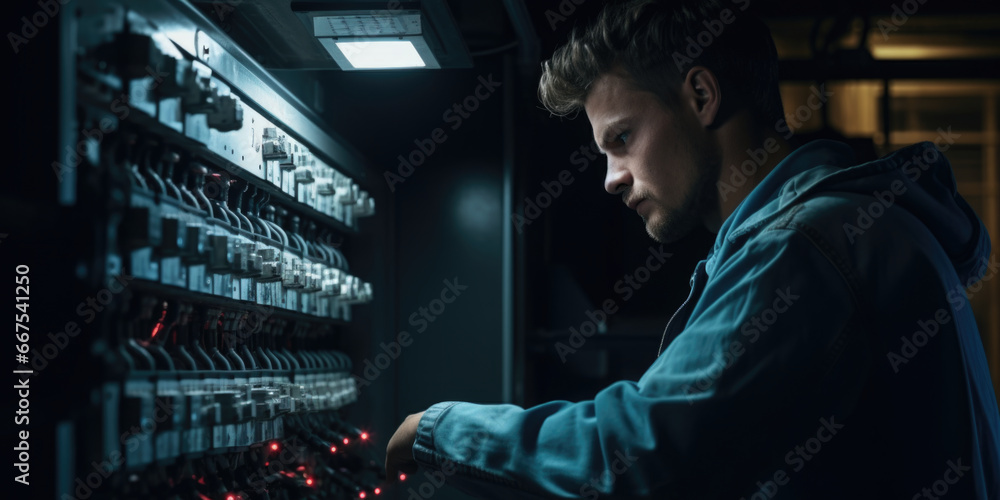 Aufkleber a man is seen working on a computer in a dark room. this image can be used to depict late-night work