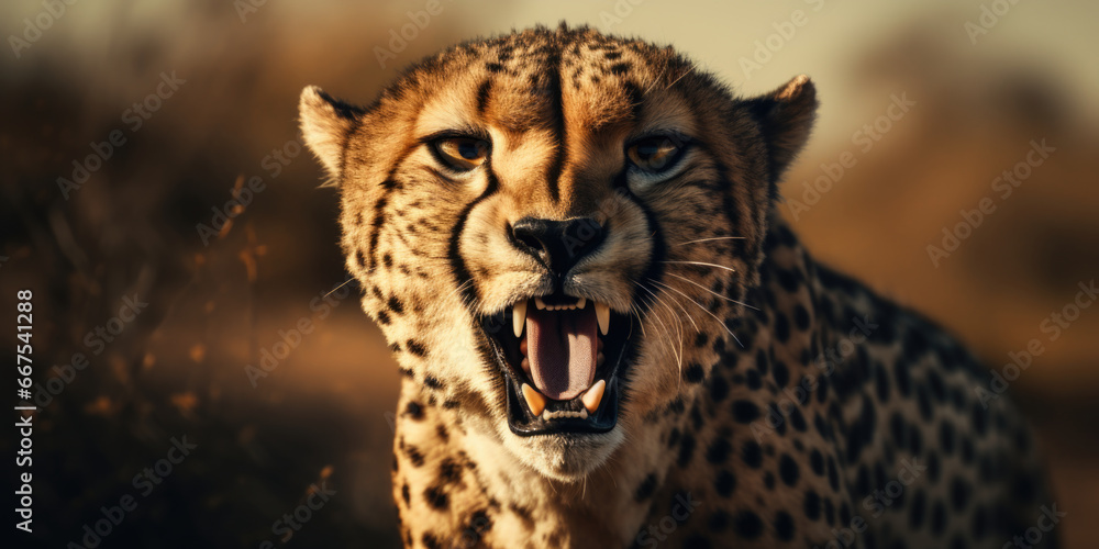 Poster A close up view of a cheetah with its mouth open, showing its sharp teeth. This image can be used to depict the fierce and powerful nature of this magnificent animal