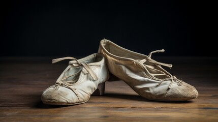 Well-worn ballet shoes, showing scuff marks and the grace of many performances.
