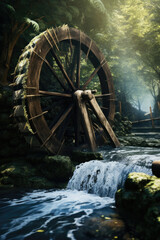 A picture of a water wheel situated in the middle of a flowing stream. This image can be used to depict a peaceful countryside scene or as a symbol of traditional water-powered technology