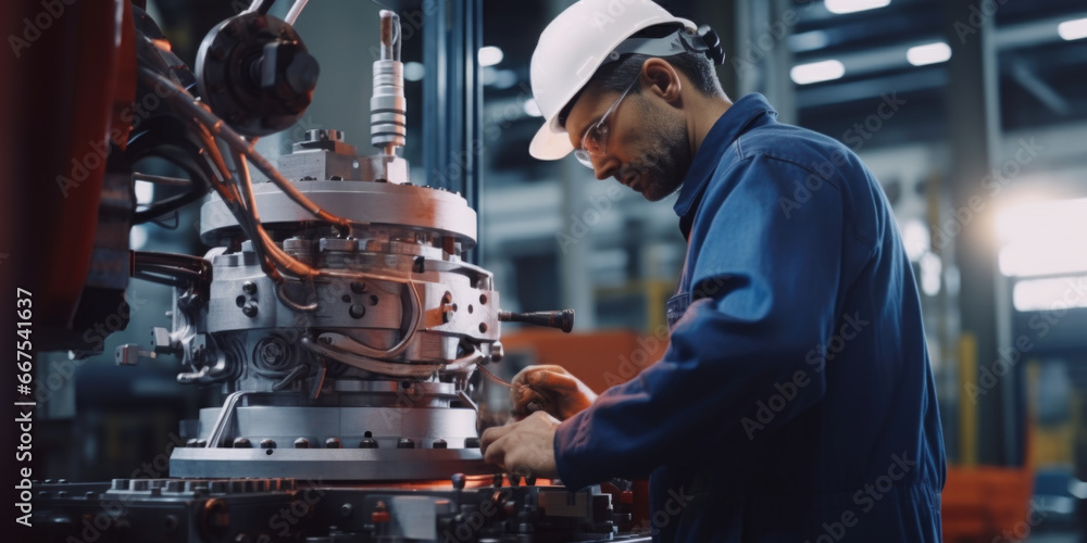 Aufkleber a man is seen working on a machine in a factory. this image can be used to depict industrial work, m