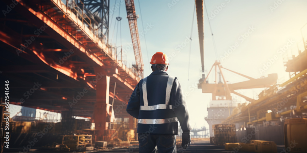 Aufkleber a construction worker standing in front of a construction site. this image can be used to depict con