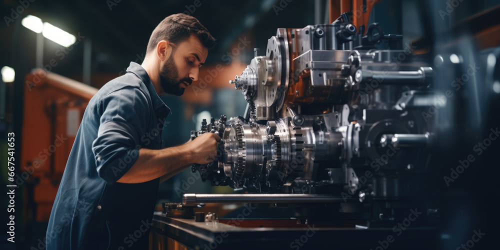 Aufkleber A man is seen working on a machine in a factory. This image can be used to showcase industrial processes and manufacturing operations