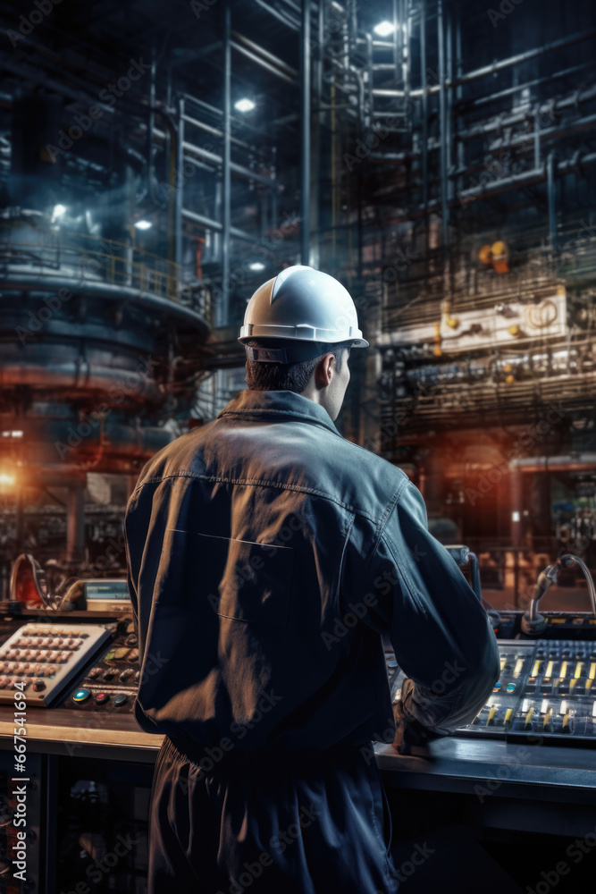 Poster A man wearing a hard hat stands in front of a control panel. This image can be used to depict a worker in an industrial setting or someone operating machinery
