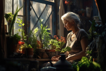 Naklejka na ściany i meble A woman is seated in front of a potted plant. This image can be used to depict relaxation, gardening, or interior design