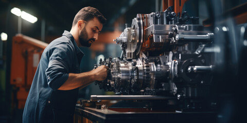 A man is seen working on a machine in a factory. This image can be used to showcase industrial processes and manufacturing operations - obrazy, fototapety, plakaty