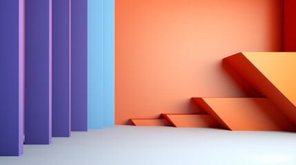 abstract minimalist background with 3d strip vertical geometric and diagonal and and copy space on purple orange background