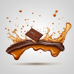 Chocolate bar with caramel, Sweet flavor, Crispy wafer, Chocolate and Caramel Splash - obrazy, fototapety, plakaty