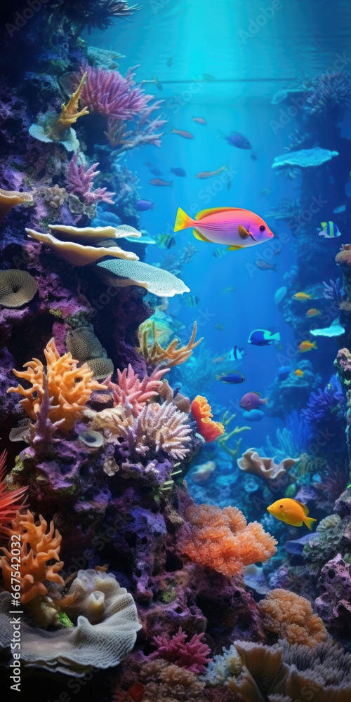 Wall mural A vibrant fish tank filled with an array of colorful fish. Perfect for adding a lively touch to any space