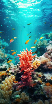 A vibrant coral reef teeming with a variety of fish species. This image can be used to depict the beauty and biodiversity of marine ecosystems