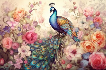Wallpaper painting of a peacock bird in bright, beautiful colors among flowers, roses, branches and butterflies, vintage drawing style background