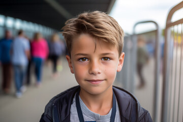 Photo of young boy at airport terminal - obrazy, fototapety, plakaty
