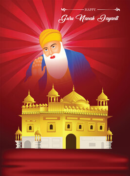 Lord Guru Nanak dev for Indian festival Gurpurab prakash parv celebration with golden temple vector illustration