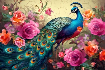 Wallpaper painting of a peacock bird in bright, beautiful colors among flowers, roses, branches and butterflies, vintage drawing style background