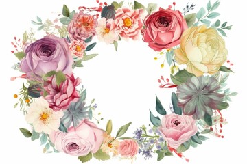 Colorful floral design with roses, peonies and whimsical flowers in a wreath, frame or border, perfect for weddings. Generative AI - obrazy, fototapety, plakaty