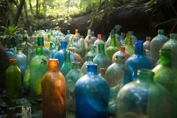A painted forest and clean water enclosed in a plastic bottle. Generative AI