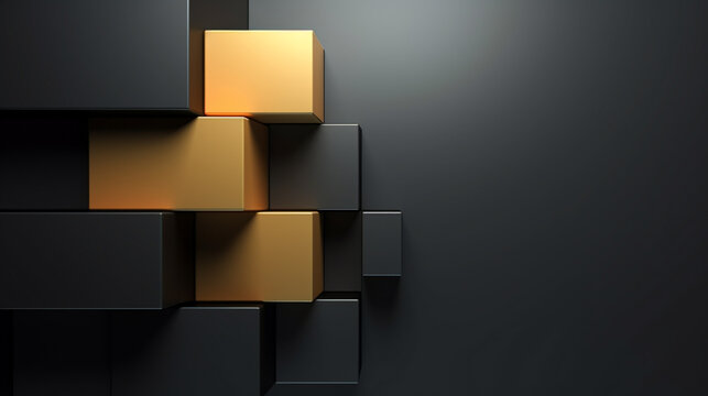 Random sloped and shifted black and gold cube boxes block background wallpaper banner with copy space