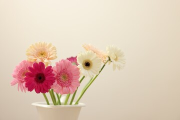 Vase with beautiful gerbera flowers on beige background, closeup. Space for text