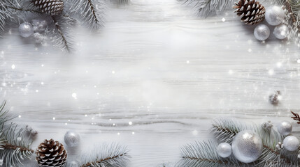 Sliver Christmas balls with spruce branches and pine cones covered with snow and snowfall on white...