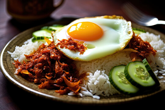 Nasi lemak with fried egg on top, with sambal and cucumber