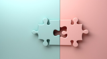pink and green jigsaw puzzle with unsolved pieces on blue background. 3d illustrating. teamwork or problem illustration
