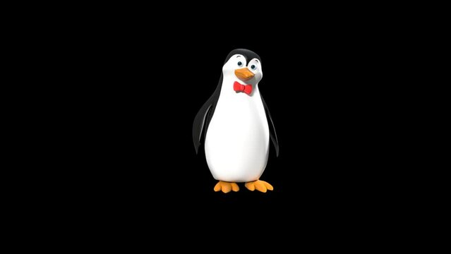 Happy 3d Rendered Cartoon Penguin Rolling Forward And Waving Its Left Wing At The Camera In Transparent Background.