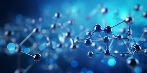 Horizontal banner with a glass model of a molecule 
A close up of a DNA strand with green and yellow dots Blue liquid background HD 8K wallpaper.AI Generative - obrazy, fototapety, plakaty