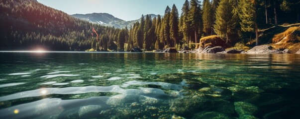 Generative AI : lake nestled in the mountains surrounded by evergreen_