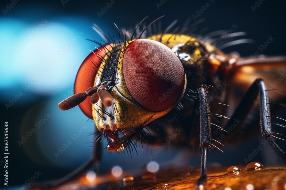 Poster generative ai : close up of the red eyes of the green fly