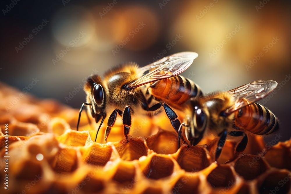 Poster generative ai : macro photo of working bees on honeycombs. beekeeping and honey production image.