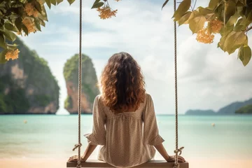 Crédence de cuisine en verre imprimé Railay Beach, Krabi, Thaïlande Generative AI : Traveler woman relaxing on swing above Andaman sea Railay beach Krabi