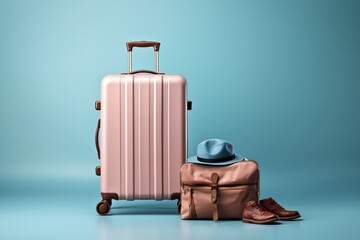Generative AI : Happy Asian woman traveler sitting on floor with luggage and holding mobile phone isolated on pink background - obrazy, fototapety, plakaty