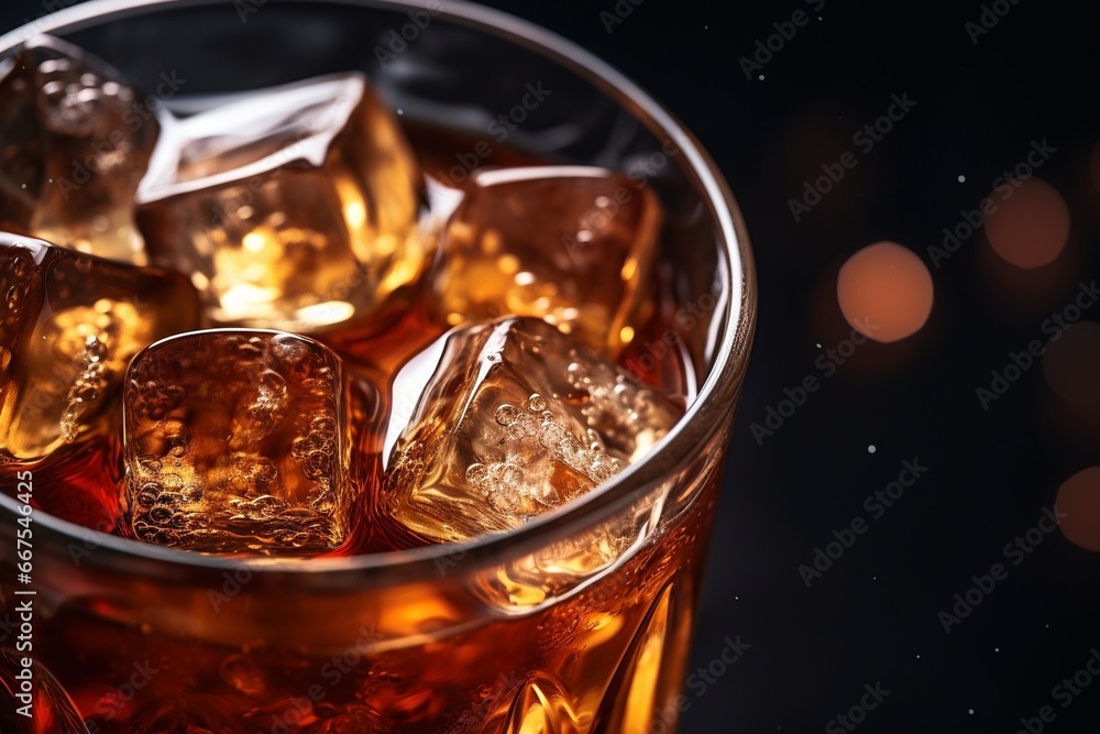 Poster generative ai : macro soft drink,glass of tasty refreshing cola with ice cubes on black background, 