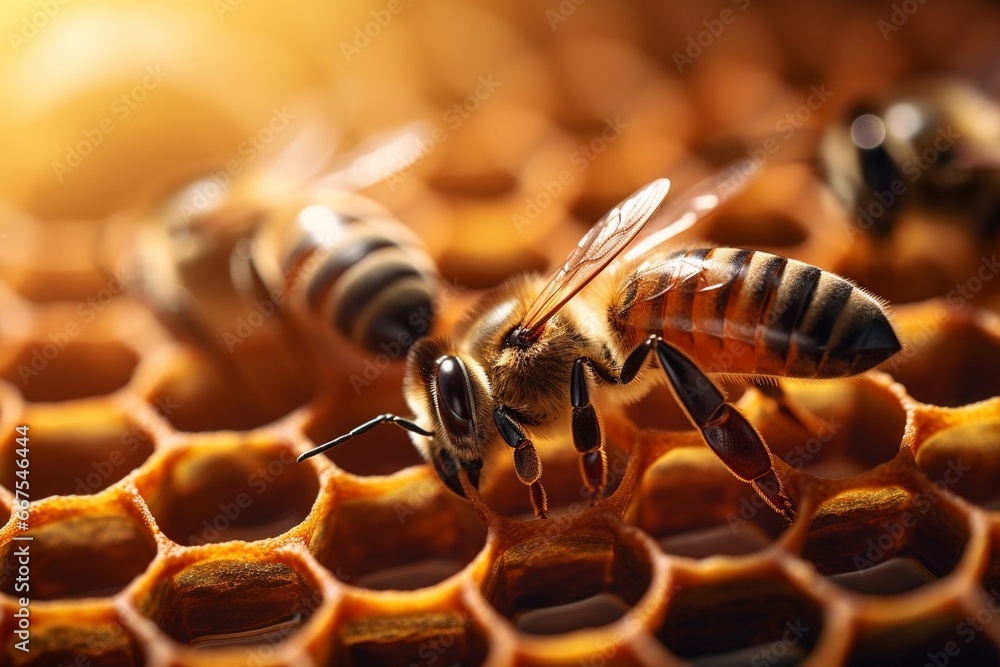 Poster generative ai : macro photo of working bees on honeycombs. beekeeping and honey production image.