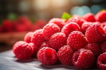 Generative AI : Red raspberries sweet in the background composed_