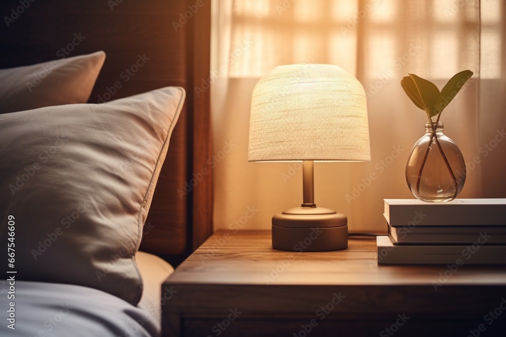 Poster Generative AI : Close-up fragment of bedroom with empty bedside table