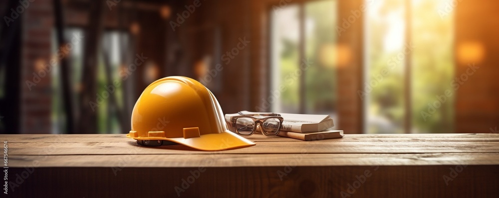 Poster generative ai : helmet in construction site and construction site worker background safety first con