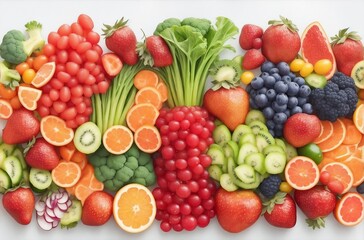 Naklejka na ściany i meble A fresh fruits and vegetables on a white background. A healthy and colorful choice for your diet.Created with generative AI