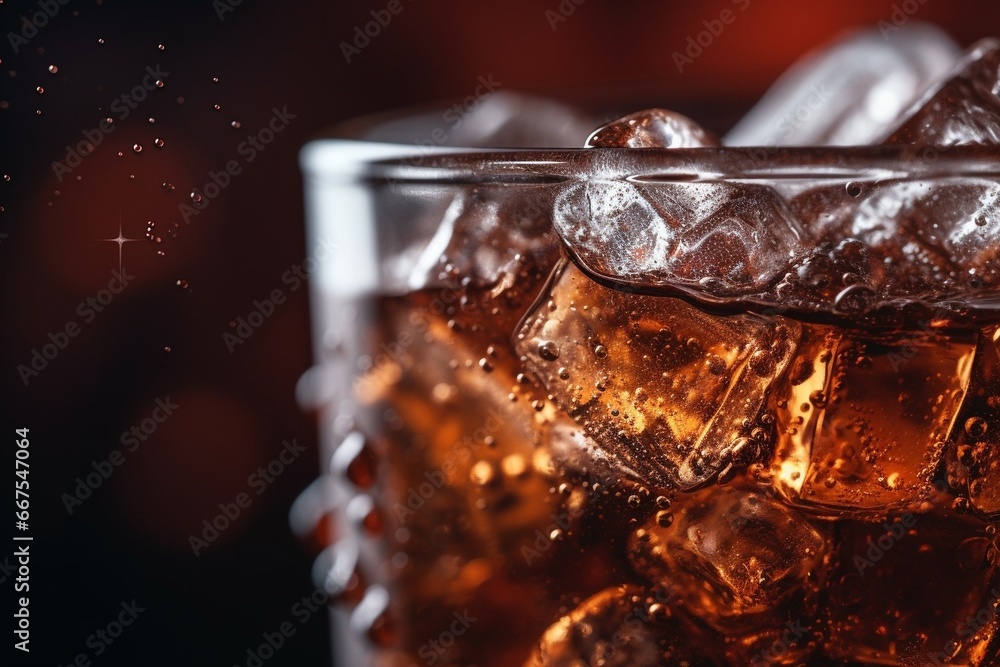 Poster Generative AI : macro soft drink,Glass of tasty refreshing cola with ice cubes on black background, closeup,Cola close-up